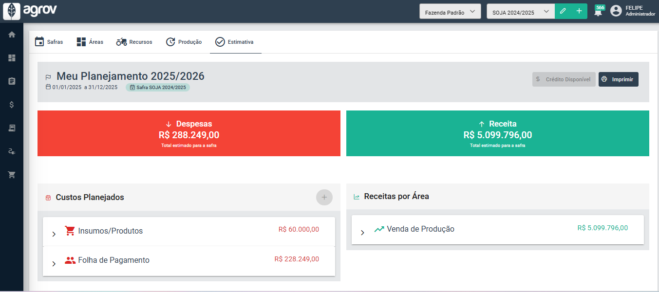 Tela de Estimativa de Safra