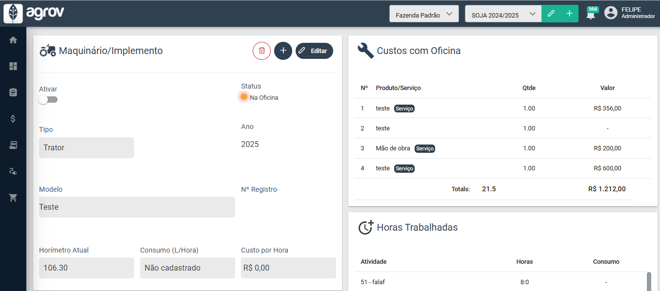 Tela de Gestão de Máquinas e Implementos
