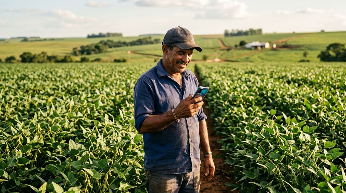Produtor rural usando o celular durante o trabalho no campo